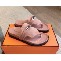 Shop Duplicate Hermes Empire Thong Slide Sandal in Suede with Kelly Buckle Light Pink 703019