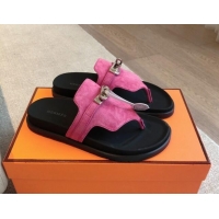 Top Design Hermes Empire Thong Slide Sandal in Suede with Kelly Buckle Dark Pink 703021