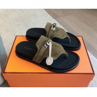 Luxurious Hermes Empire Thong Slide Sandal in Suede with Kelly Buckle Khaki Green 703023