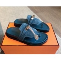 Unique Style Hermes Empire Thong Slide Sandal in Suede with Kelly Buckle Dark Blue 703024