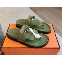 Durable Hermes Empire Thong Slide Sandal in Suede with Kelly Buckle Green 703026