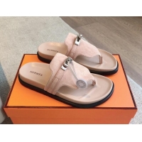 Feminine Hermes Empire Thong Slide Sandal in Suede with Kelly Buckle Nude Pink 703027