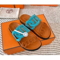 Good Quality Hermes Extra Suede Chain Flat Slide Sandals Blue/Brown 703031