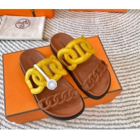 Popular Style Hermes Extra Suede Chain Flat Slide Sandals Yellow/Brown 703032