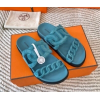 Top Design Hermes Extra Suede Chain Flat Slide Sandals Light Blue 703034