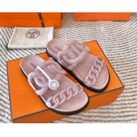 Good Looking Hermes Extra Suede Chain Flat Slide Sandals Light Pink 703035