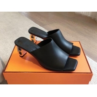 Popular Style Hermes Iconique Heel Slides Sandal 6cm in Calfskin Black 703037