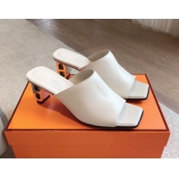 Super Quality Hermes Iconique Heel Slides Sandal 6cm in Calfskin White 703038