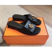 Good Looking Hermes Isle Flat Slides Sandal in Calfskin with Glenan Buckle Black 703043