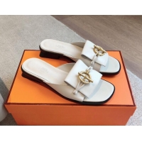 Discount Hermes Isle Flat Slides Sandal in Calfskin with Glenan Buckle White 703044