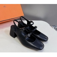 Charming Hermes Jackie Slingback Pumps 5cm in Calfskin with H Buckle Black 703048