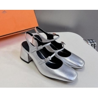 Luxurious Hermes Jackie Slingback Pumps 5cm in Calfskin with H Buckle Silver 703051