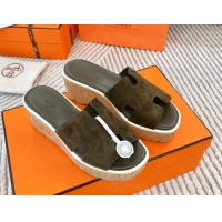 Good Product Hermes Eze 30 Platform Slides Sandal in Suede Khaki Green 703052