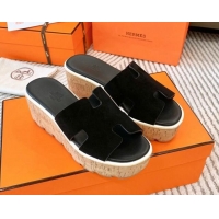 Top Quality Hermes Eze 30 Platform Slides Sandal in Suede Black 703054