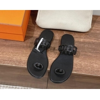 Best Luxury Hermes Ios Chain Flat Slides Sandal in Calfskin Black 703058