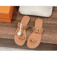 Good Quality Hermes Ios Chain Flat Slides Sandal in Calfskin Light Brown 703059