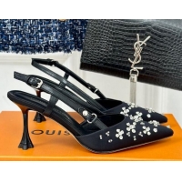 Top Grade Louis Vuitton Blooming Slingback Pumps 7.5cm in Satin and Strass Black 703075