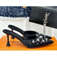 Good Looking Louis Vuitton Blooming Slingback Mules 7.5cm in Satin and Strass Black 703077