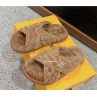 Good Product Louis Vuitton LV Bliss Comfort Flat Slides Sandals in Wool Camel Brown 703082