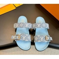 Lower Price Louis Vuitton Bom Dia Flat Comfort Slides Sandals in Monogram Denim Pale Blue 703084