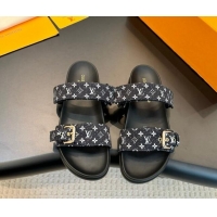 Good Quality Louis Vuitton Bom Dia Flat Comfort Slides Sandals in Monogram Denim Black 703086