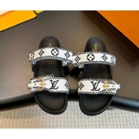 Best Grade Louis Vuitton Bom Dia Flat Comfort Slides Sandals in Embroidered Straw Black/White 703088