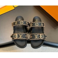 Luxurious Louis Vuitton Bom Dia Flat Comfort Slides Sandals in Embroidered Straw Black/Gold 703089