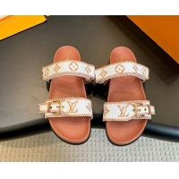 Sumptuous Louis Vuitton Bom Dia Flat Comfort Slides Sandals in Embroidered Straw White/Orange 703090