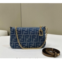 New Release Creation Fendi Baguette Pouch Chain Mini bag in 4096 Light Blue FF Denim Fabric 2024