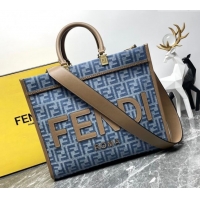 Fashion Luxury Fendi Sunshine Medium Tote bag in 4099 Light Blue FF Denim Fabric 2024