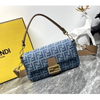 Luxury Classic Fendi Baguette Medium bag in 4105 Light Blue FF Denim Fabric 2024