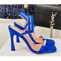 Good Looking Dior Suede High Heel Sandals 10cm with Pearls Blue 604001