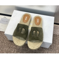 Stylish Dior D-Club Flat Espadrille Slide Sandals in CD Suede Green 604023