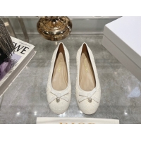 Luxury Dior Ballet Flats in Cannage Raffia Straw with Pearl Bow White 604078