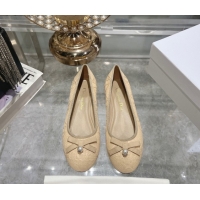 Top Design Dior Ballet Flats in Cannage Raffia Straw with Pearl Bow Beige 604080