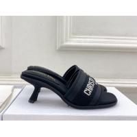 Good Quality Dior Dway Heel Slide Sandals 5.5cm in Embroidered Calfskin Black 604086