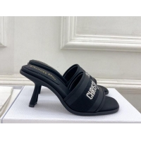 Stylish Dior Dway Heel Slide Sandals 8cm in Embroidered Calfskin Black 604090