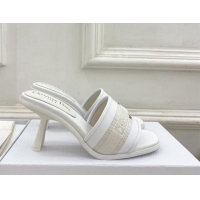 Sumptuous Dior Dway Heel Slide Sandals 8cm in Embroidered Calfskin White 604089