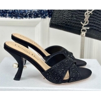 Luxurious Dior Tribales Heeled Slides Sandal 8cm in Black Suede and Strass 702013