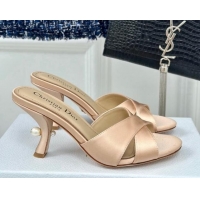 Luxury Dior Tribales Heeled Slides Sandal 8cm in Satin Beige 702014