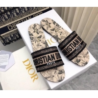 Pretty Style Dior Dway Flat Slides Sandal in Beige Cotton Embroidered with Multicolor Libellule Camouflage Motif 702023