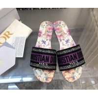 Buy Luxury Dior Dway Flat Slides Sandal in Purple Multicolor Cotton and Embroidered Dior 4 Saisons Été Motif 702026