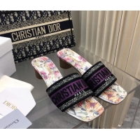 Most Popular Dior Dway Heel Slides Sandal 3.5cm in Purple Multicolor Cotton and Embroidered Dior 4 Saisons Été Motif 702