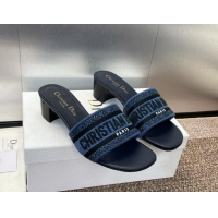 Best Product Dior Dway Heel Slides Sandal 4.5cm in Denim Blue Embroidered Cotton Dark Blue 702031