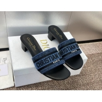 Luxurious Dior Dway Heel Slides Sandal 4.5cm in Denim Blue Embroidered Cotton Black 702032