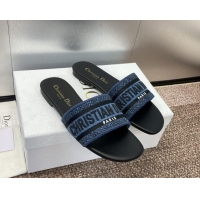 Durable Dior Dway Flat Slides Sandal in Denim Blue Embroidered Cotton Black 702033