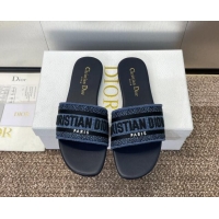 Cheap Price Dior Dway Flat Slides Sandal in Denim Blue Embroidered Cotton Dark Blue 702034