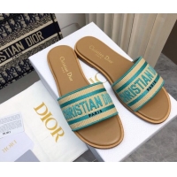 Good Looking Dior Dioriviera Dway Flat Slides Sandal in Raffia Straw and Embroidered Cotton Green 702037