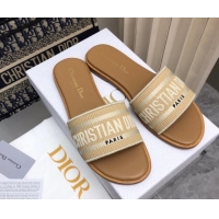 Good Quality Dior Dioriviera Dway Flat Slides Sandal in Raffia Straw and Embroidered Cotton Beige 702038