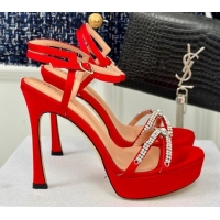 Sumptuous Dior Sunset Heeled Platform Sandals in Red Satin and Strass 12cm 702044